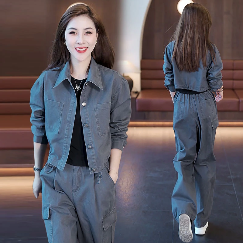 韩版极简风工装时尚外套女2025秋季新款小个子短外套长裤两件套潮