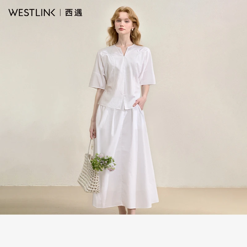 1098西遇高智气质连衣裙套装女2025秋季V领短袖衬衫搭高腰半身裙