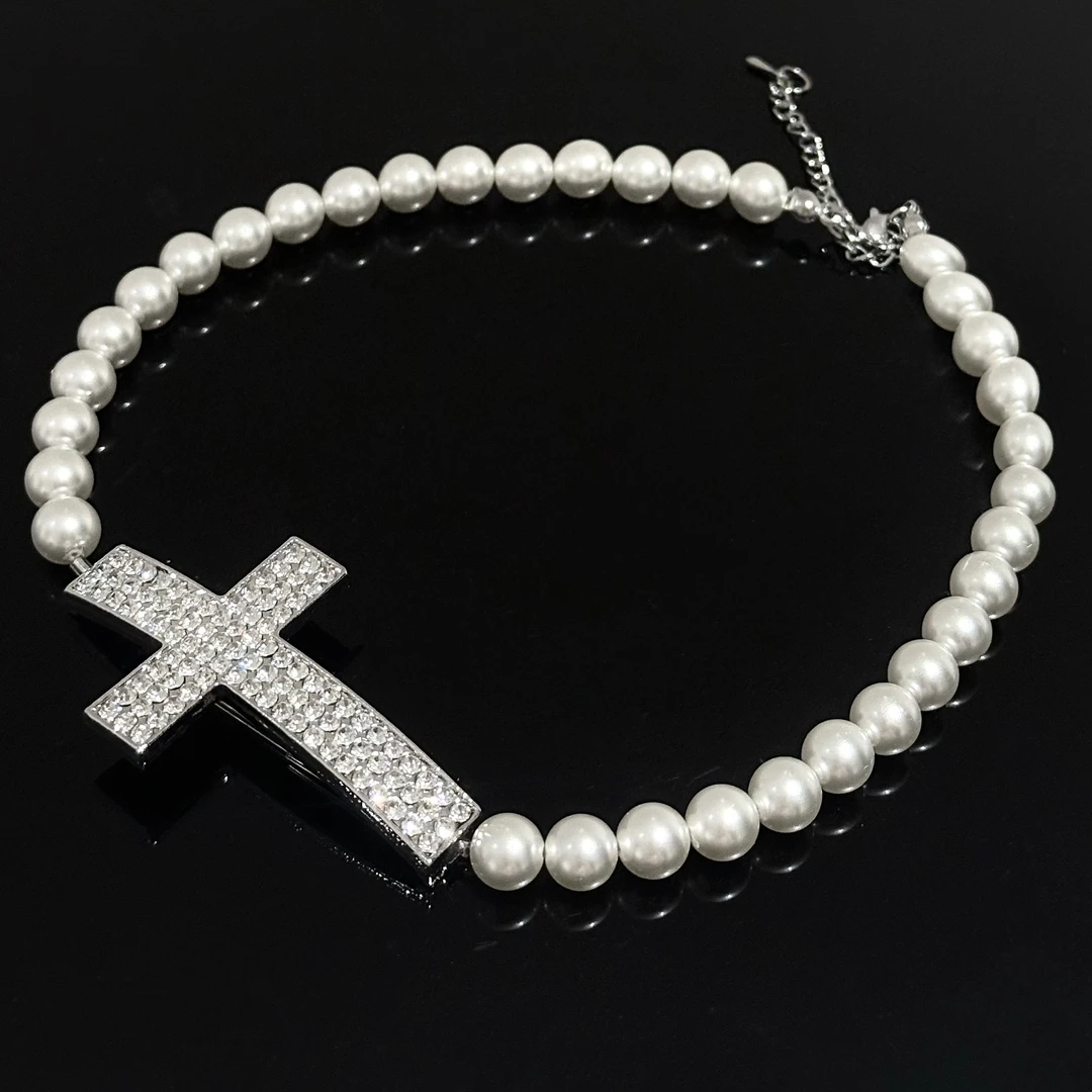 合金亚克力项链 【17SR】亮闪珍珠十字架拼接项链气质时尚