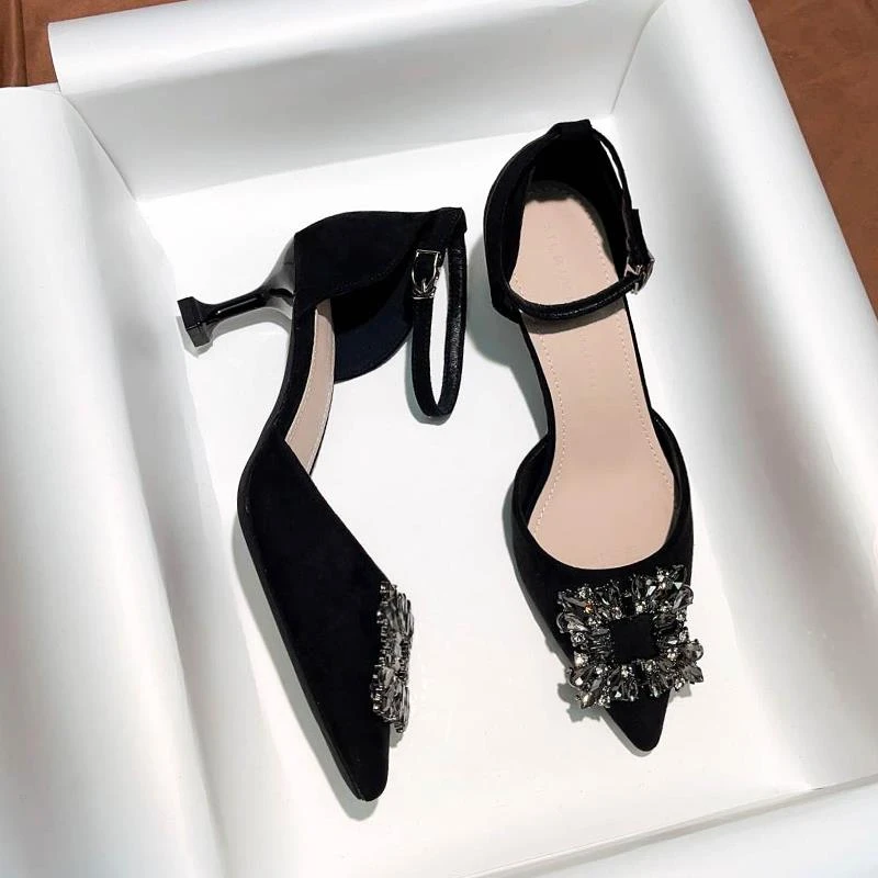 一字带高跟鞋女细跟春秋款配裙子方扣水钻单鞋尖头包头凉鞋女