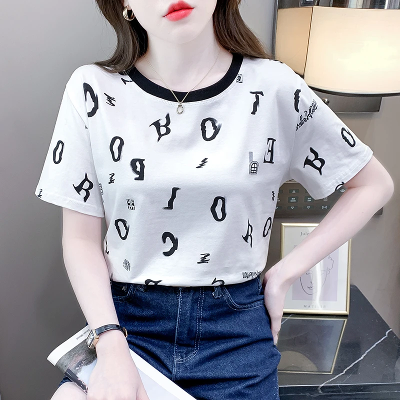 爆款女士白色印花短袖t恤女新款潮夏季时尚宽松显瘦女士体恤上衣