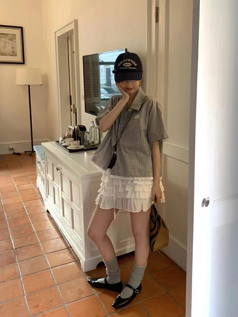 kittin@8357 韩系学院风百搭拼接格纹短袖衬衫 6-13