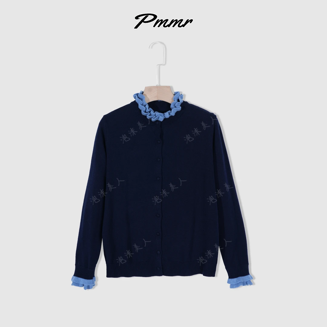 藏青色木耳边羊毛针织衫女2025年新款秋装长袖开衫毛衣外套 长57