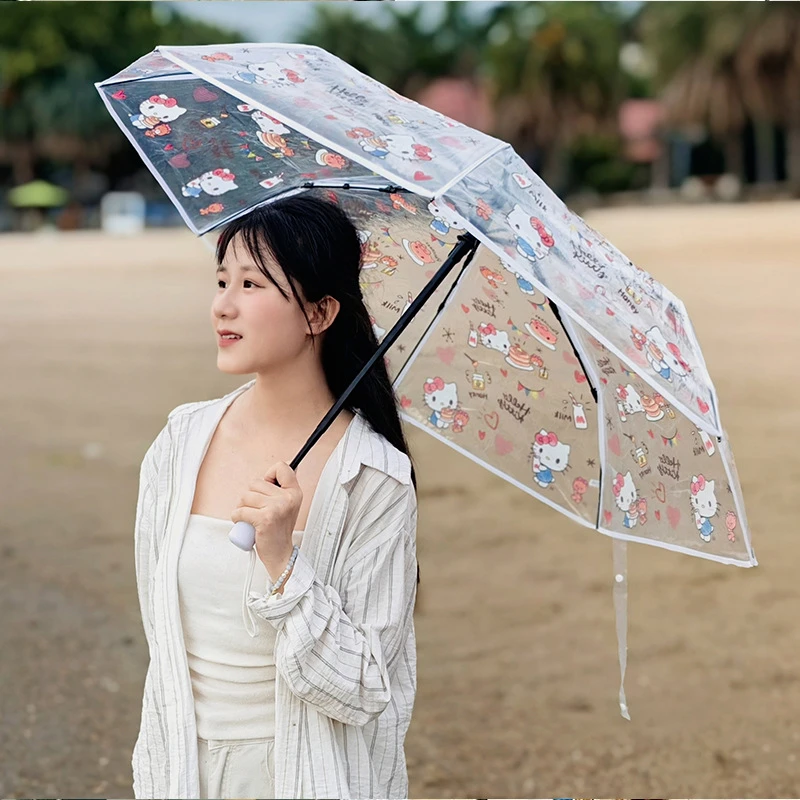 甜点饮料kt凯蒂猫碎花透明雨伞日系可爱ins卡通折叠伞代日式塑料