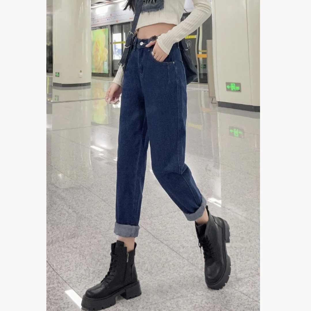 女士深色哈伦老爹裤无弹牛仔裤（机器开扣眼）