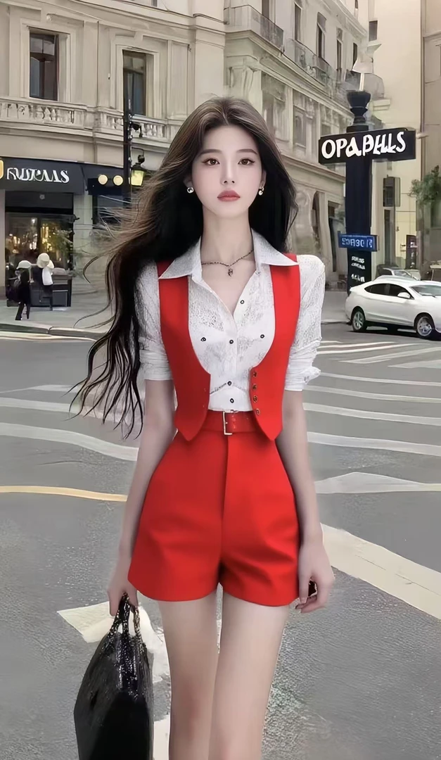 新款时尚拼接假两件不规则设计感上衣+百搭显瘦高腰短裤红色套装