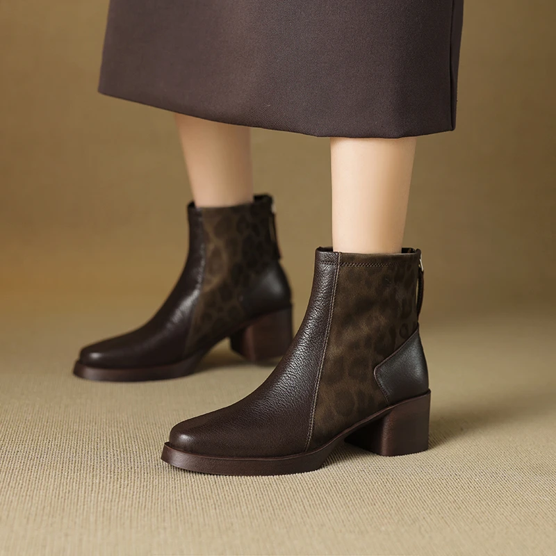 跟高5cm/羊34-40法式芒果头后拉链短靴女拼接豹纹厚底粗跟气质软