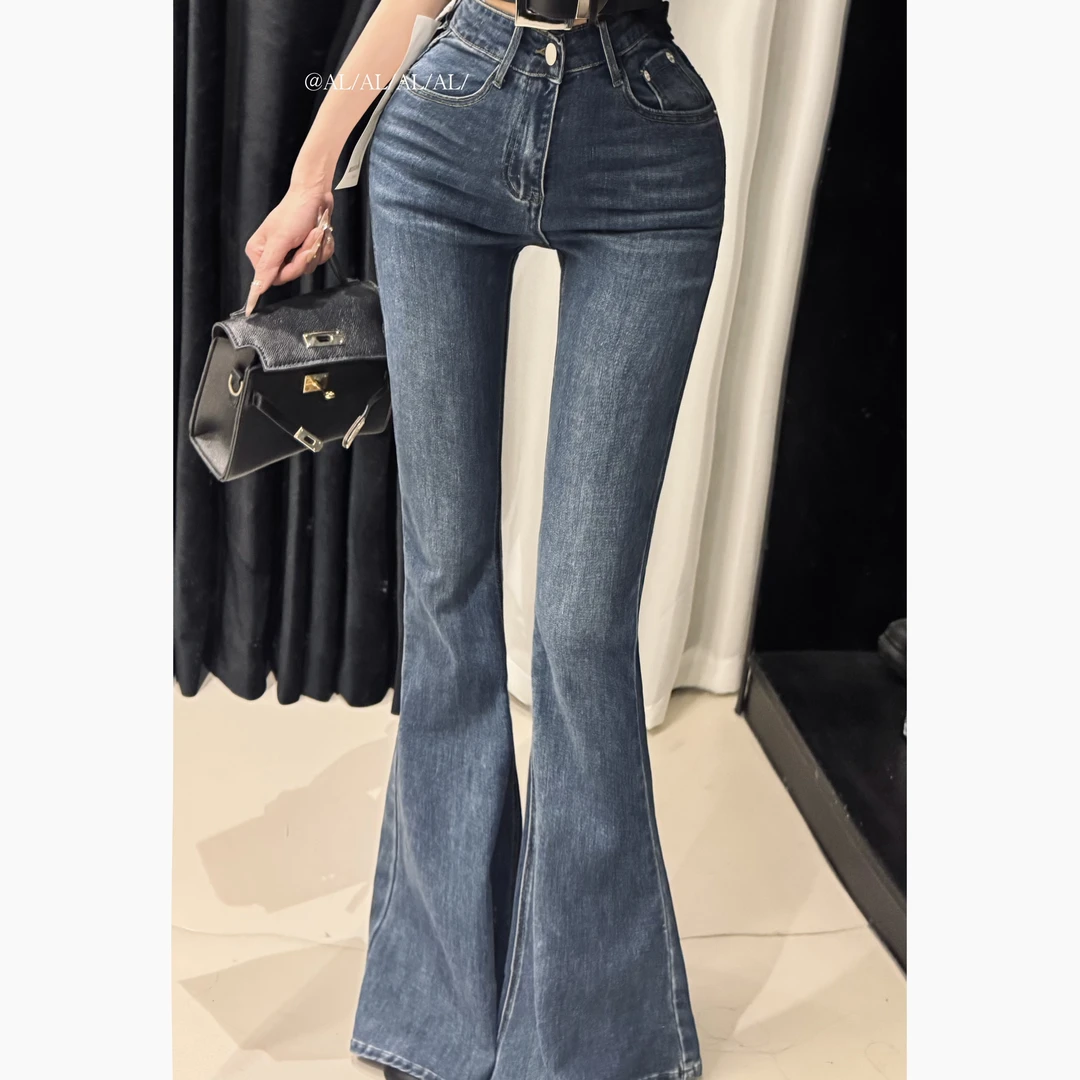 AL SHOP【时尚腿精】韩系百搭复古高腰微喇拖地牛仔裤
