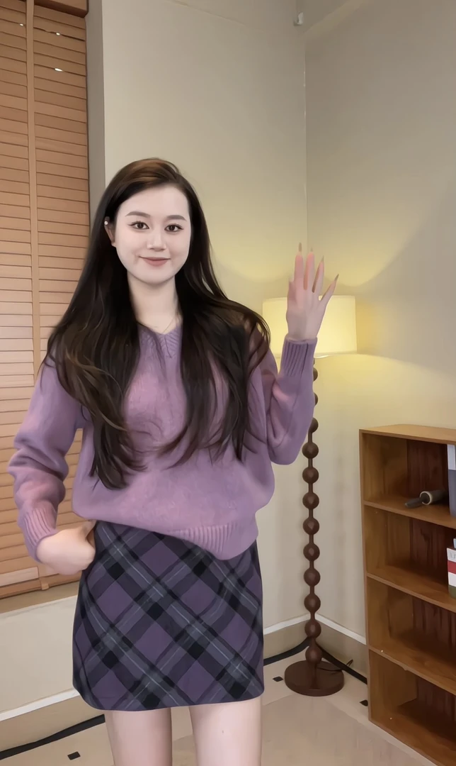 紫色V领毛衣+紫色格子半身裙