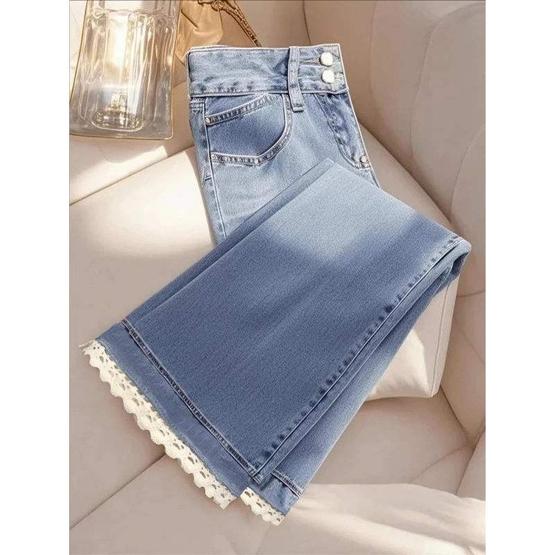 小香风蓝色牛仔阔腿裤女2025春季爆款时尚高腰显瘦直筒休闲长裤子