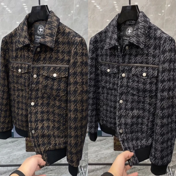 秋季新款男士轻奢时尚千鸟格羊毛混纺翻领夹克外套 8255