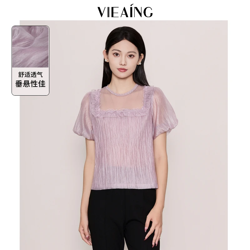 VIEA.ING薇迎紫色衬衫女2025夏季新款休闲短袖衬衣微透泡泡袖上衣
