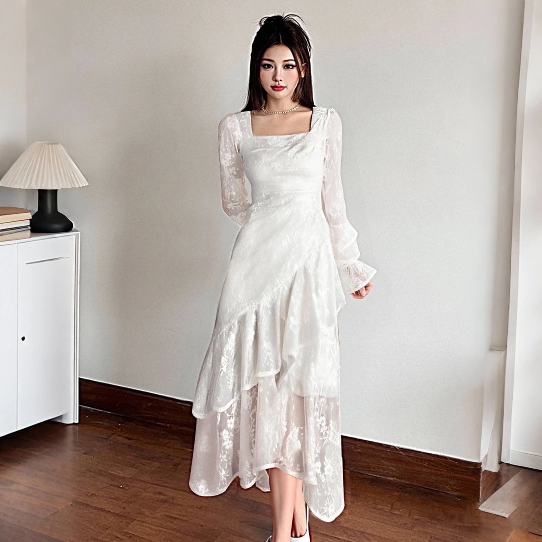 A【有里布】2025春秋款重工白色蕾丝长袖连衣裙法式复古公主裙D3252
