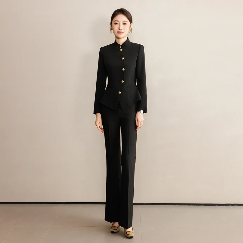 钟老板2025春季新款黑色新中式西装外套女气质职场通勤西服两件套