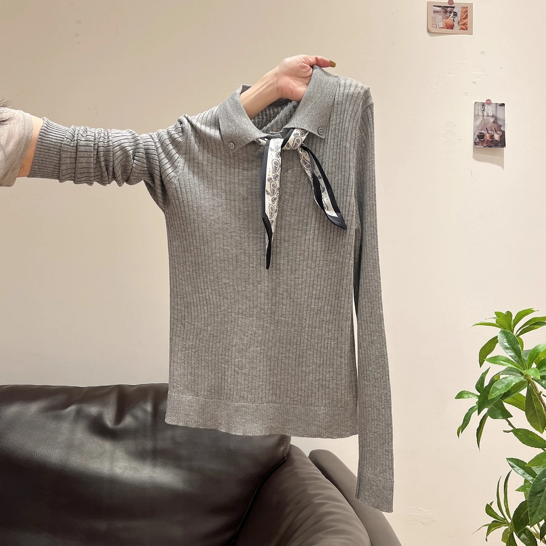 丝巾绑带长袖针织衫女2025秋季新款百搭时尚法式打底薄款毛衣上衣