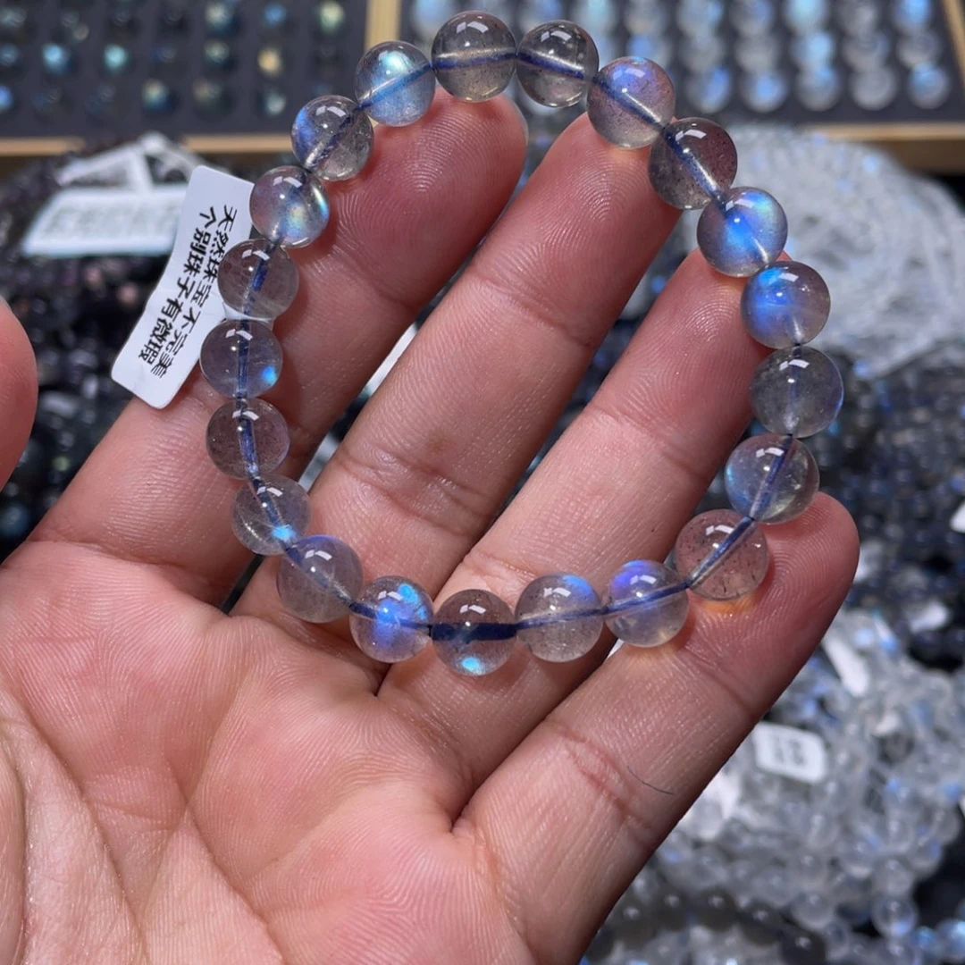 拉长石手链未镶嵌炒**吖蓝光拉长石手链9m