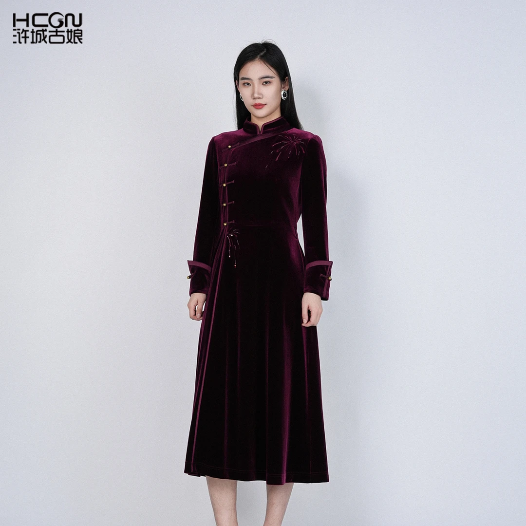 hcgn欧若新中式丝绒气质优雅显瘦高级感女星熠连衣裙HASS010033