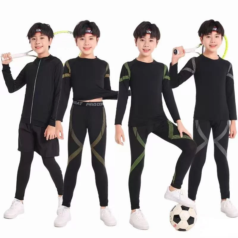 男士高弹紧身健身套装秋冬运动中大童儿童成人长款速干套装打底