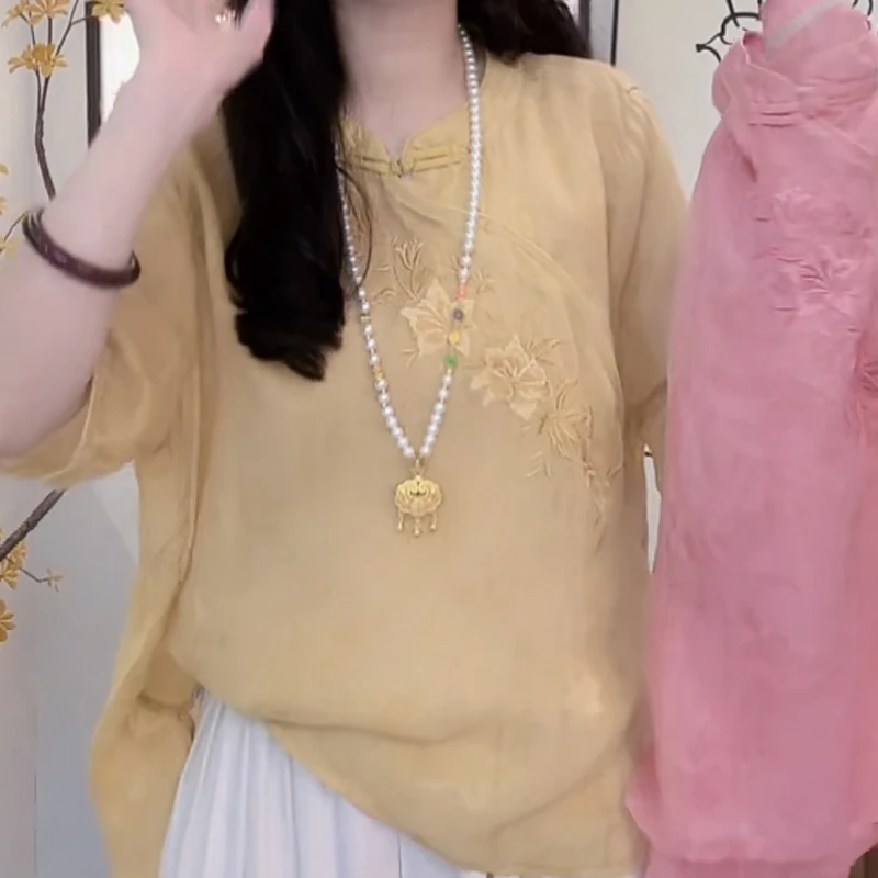 一见倾心夏季复古文艺刺绣麻纱纯色国风上衣宽松显瘦五分袖轻衬衫