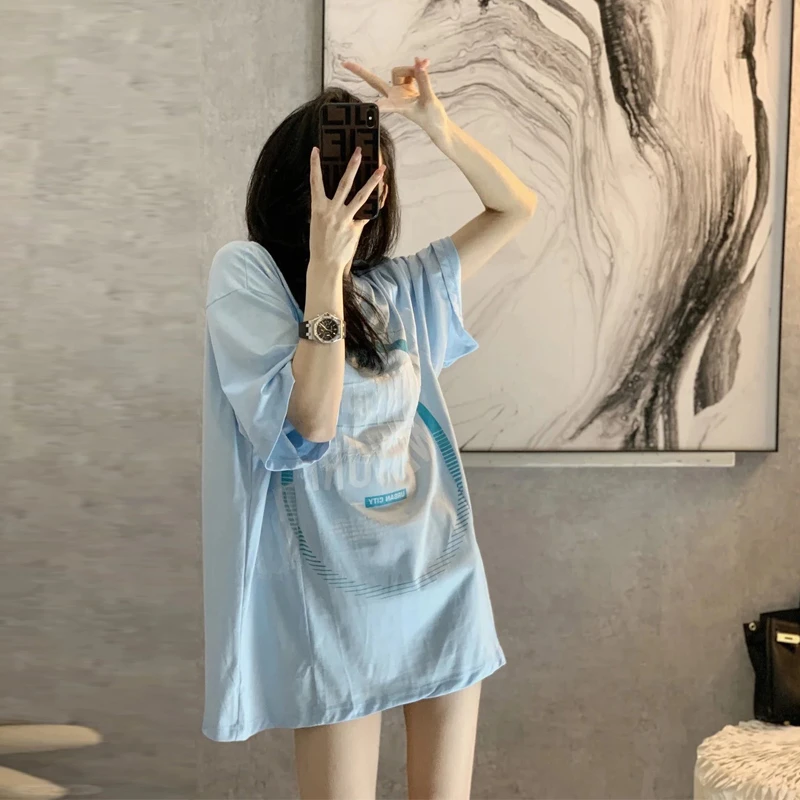 网红洋气炸街女装蓝色短袖t恤女夏季宽松中长款港风小众上衣薄款