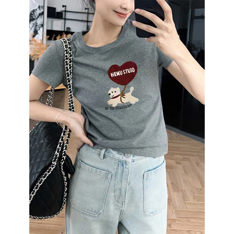 正肩圆领短袖t恤女时尚百搭灰色上衣厚款磨毛打底衫2025春夏秋季