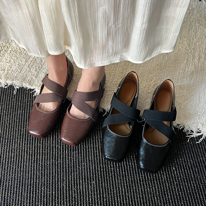 复古百搭古典风浅口单鞋优雅棕色舒适方头法式真皮芭蕾风玛丽珍
