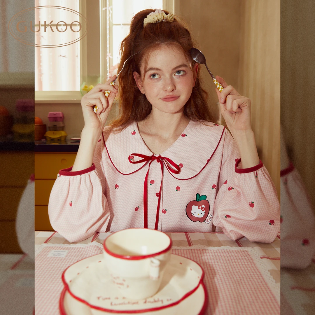 Gukoo/果壳hellokitty2025秋季新款小苹果满印粉色甜美套装