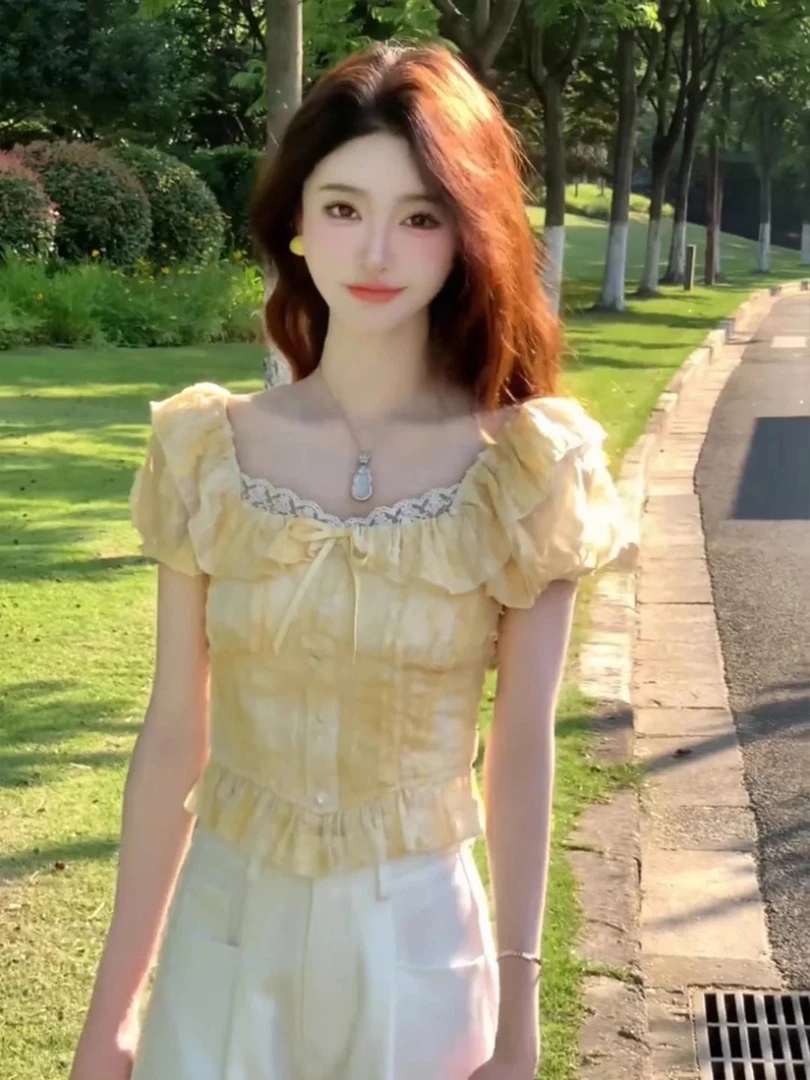 400~600法式高级感黄色泡泡袖短款雪纺上衣女夏季新款花边小众