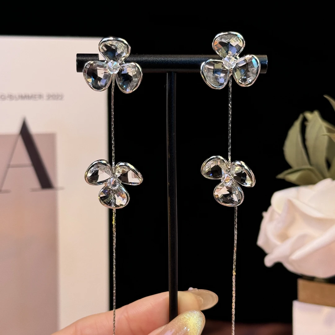 铜合金耳饰 忆白】超仙花朵锆石长款流苏耳环甜美优雅气质轻奢耳钉