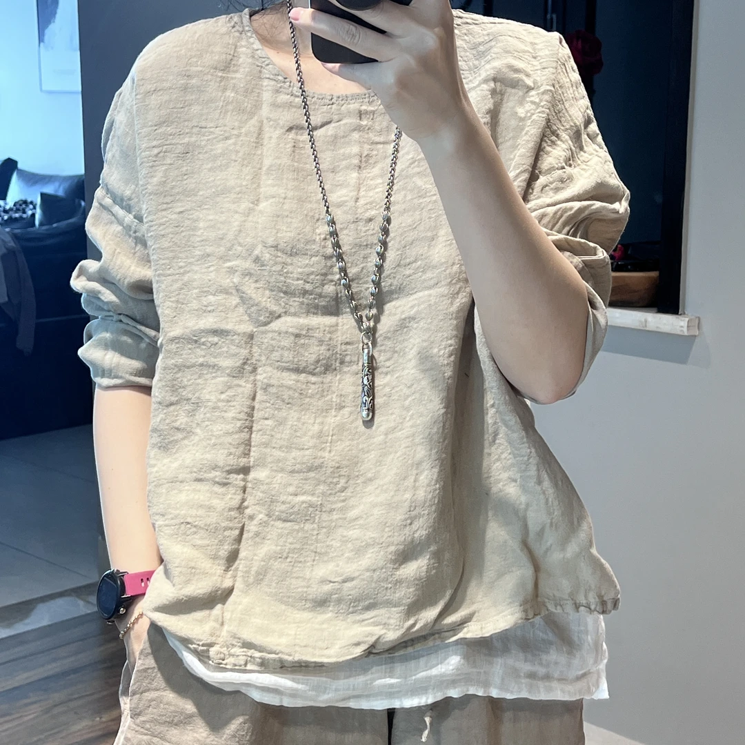 25春装新款套头亚麻纯色上衣复古文艺百搭肌理麻长袖T恤女