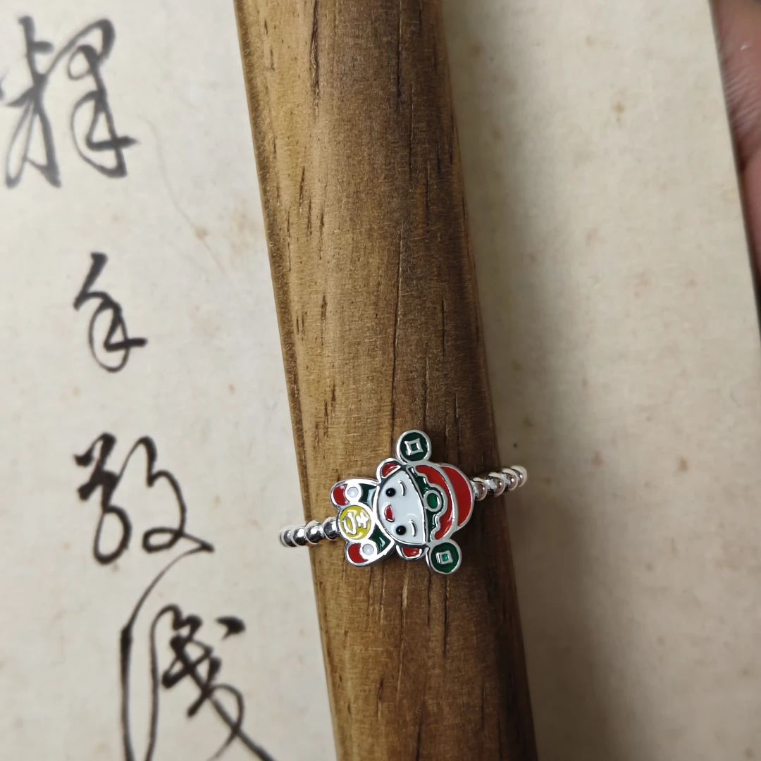 925银珐琅戒指 财神爷彩色银戒指