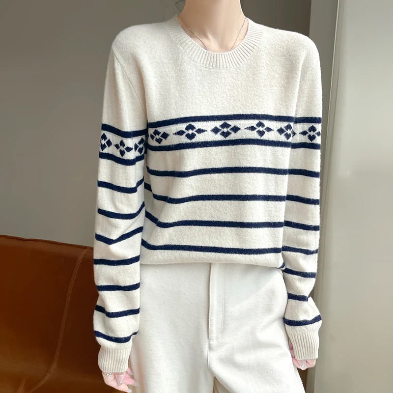 2025年秋季圆领长袖套头单件条纹菱形格时尚百搭羊毛衫打底衫毛衣
