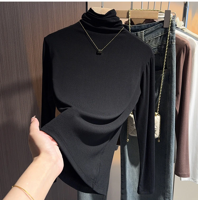 秋冬新款高领长袖打底衫高级堆堆领修身针织上衣打底衫