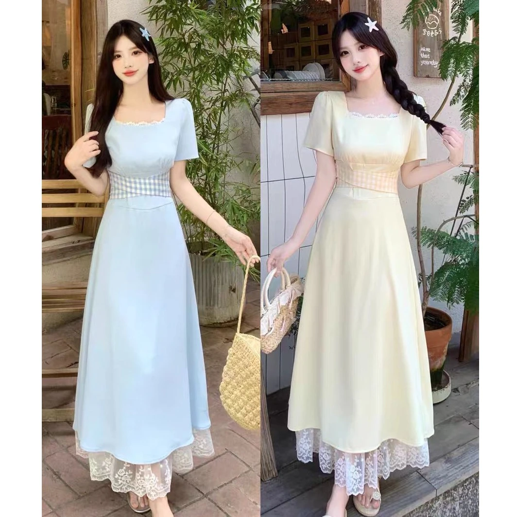 （80-200斤）大码夏季新款时尚气质蕾丝拼接方领连衣裙显瘦裙子1822