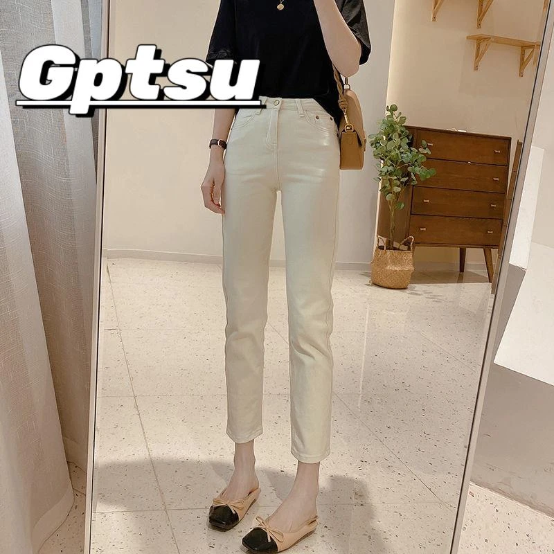 GPTSu米白色直筒牛仔裤女夏季025薄款新款小个子女士爆款烟管裤子