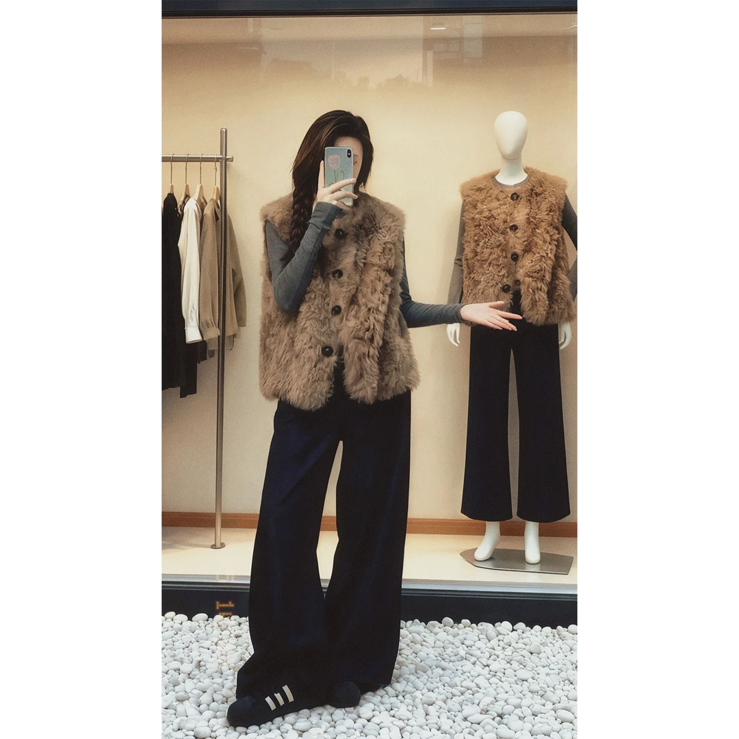 韩系秋冬穿搭一整套大码女装胖mm灰色打底叠穿毛毛马甲牛仔裤套装