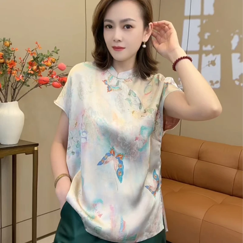 新中式斜襟人丝圆领飞袖夏季薄款宽松上衣3011