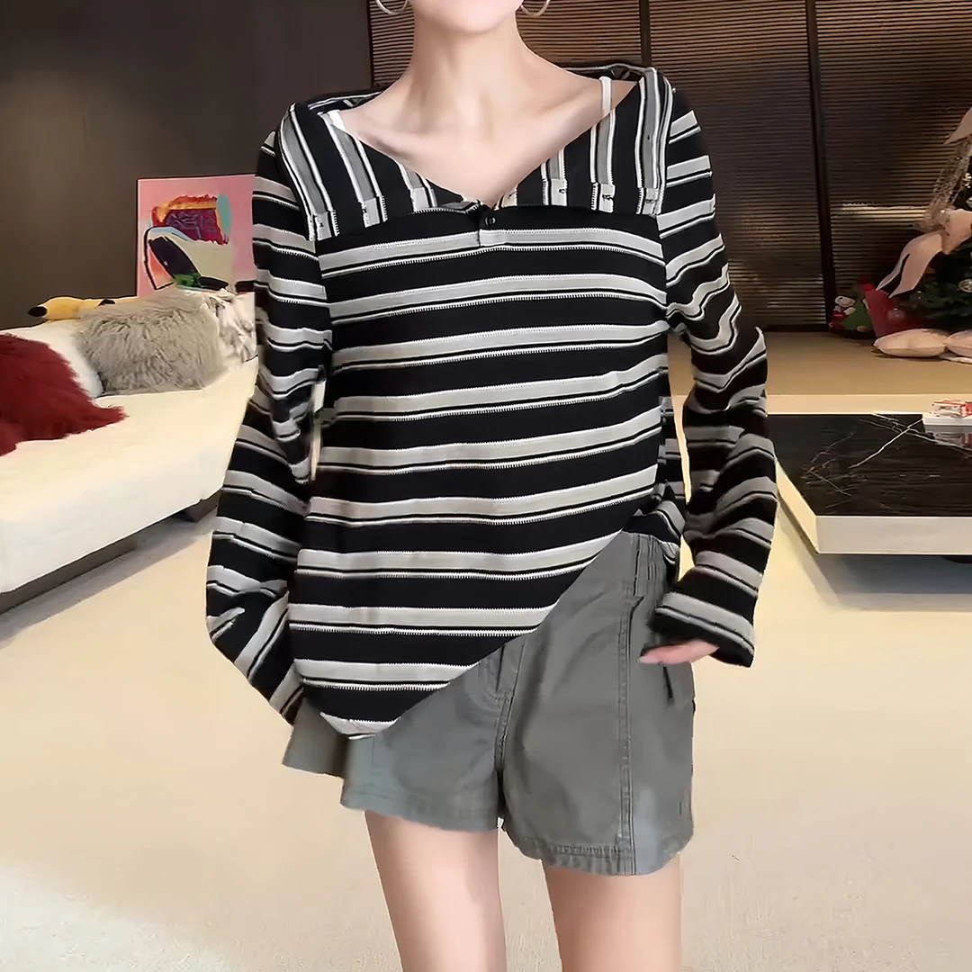 复古宽松显瘦露肩上衣秋季新款胖MM大码女装翻领条纹斜肩长袖T恤