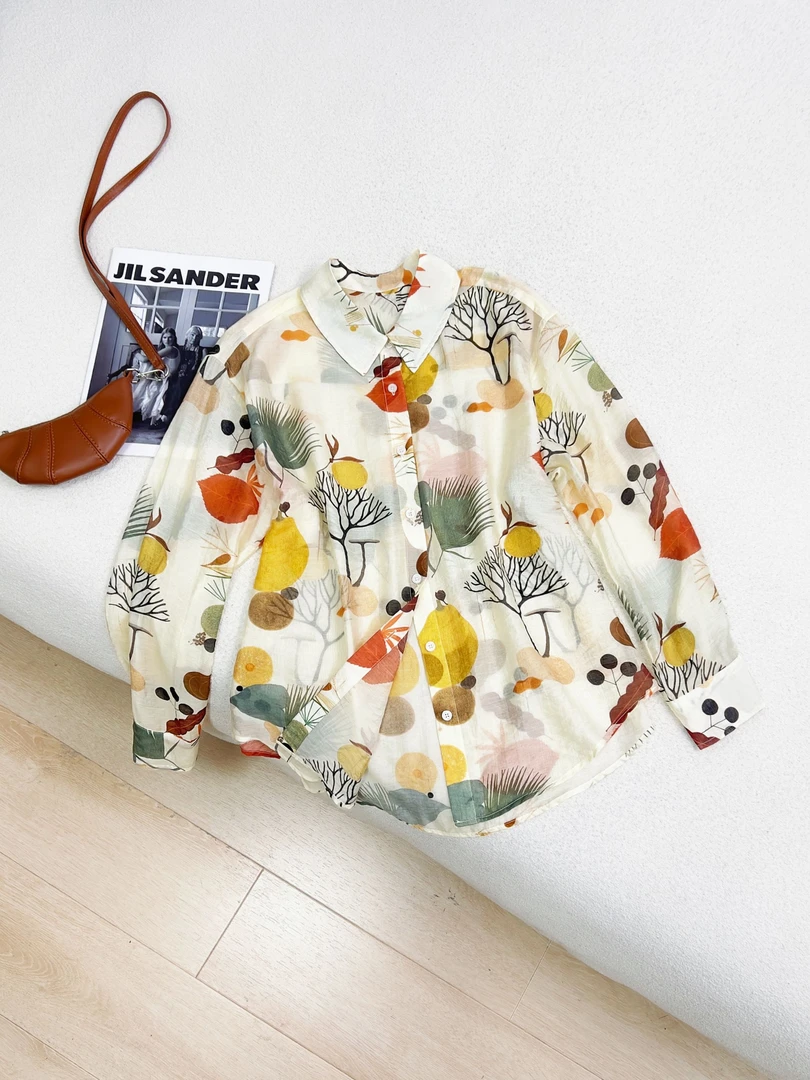 韩版天丝衬衣简约休闲时尚满印衬衫洋气衣服女