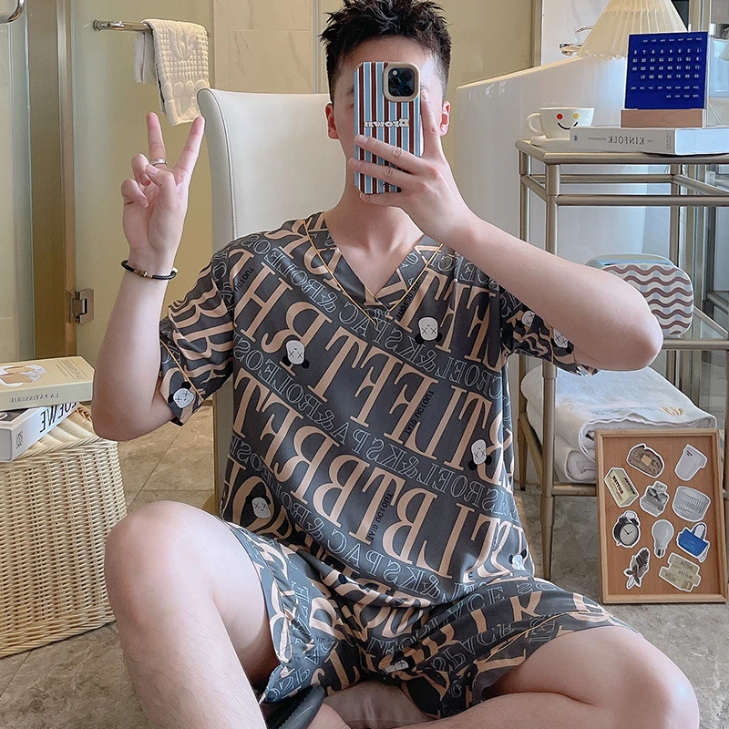 睡衣男士夏季绵绸短袖V领短袖短裤青少年可外穿休闲套装家居服