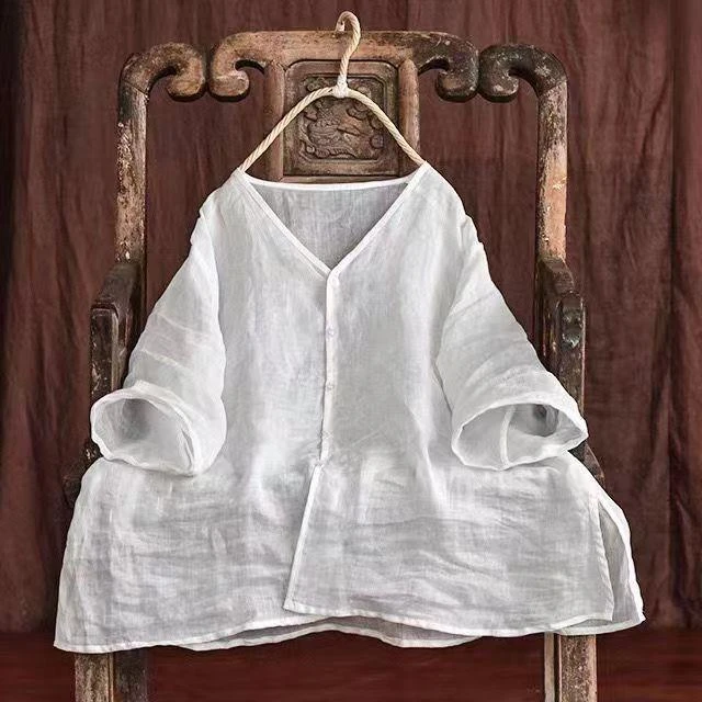 苎麻文艺复古宽松单排扣上衣轻薄V领开衫女式衬衫中袖防晒外套夏