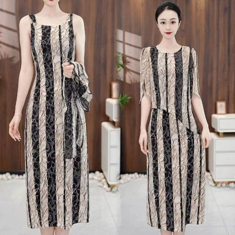 高档轻羽丝时尚条纹套装连衣裙2024夏季新款气质收腰显瘦两件套裙