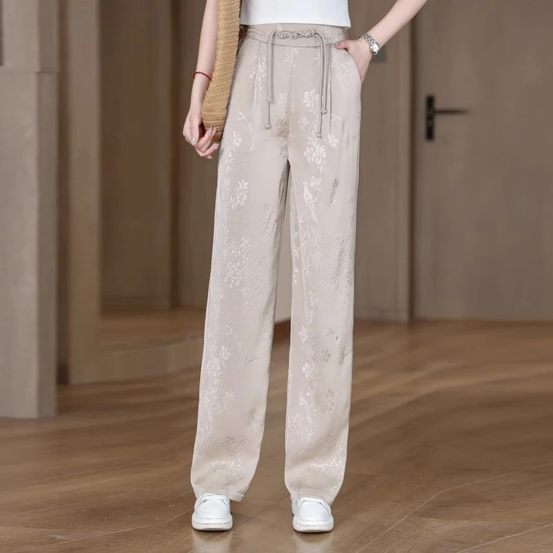 拉夏贝尔 新中式提花国风垂感直筒阔腿裤女2025夏季新款透气长裤