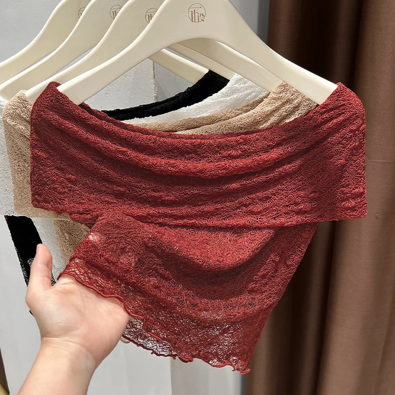 绝美一字肩上衣夏季轻奢高级感气质短袖蕾丝露锁骨性感一字领T恤