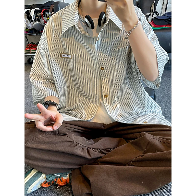 翻领条纹衬衫男情侣2025夏季新款薄款中性学院风休闲百搭短袖衬衣