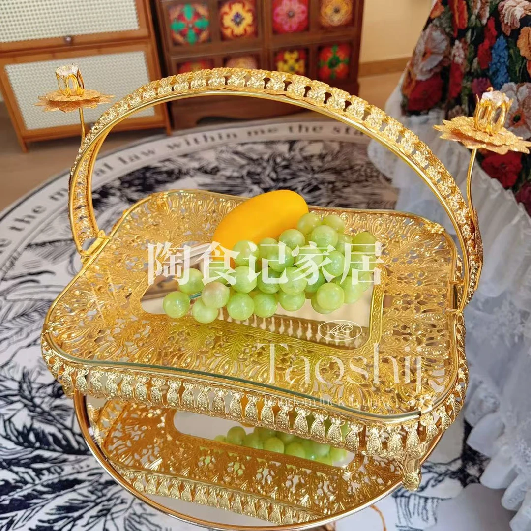 创意轻奢金色方形玻璃水果盘欧式家用客厅糖果盘点心盘坚果收纳盘