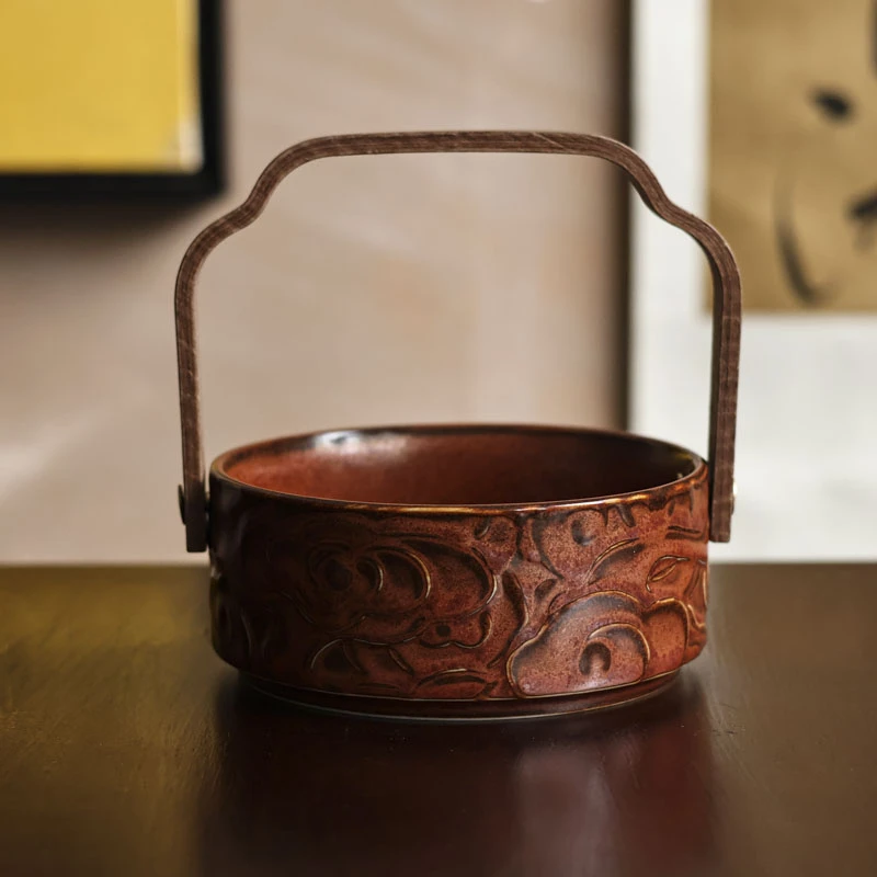 【宽窄】红金釉12公分-祥云提梁果盘（Q3744）