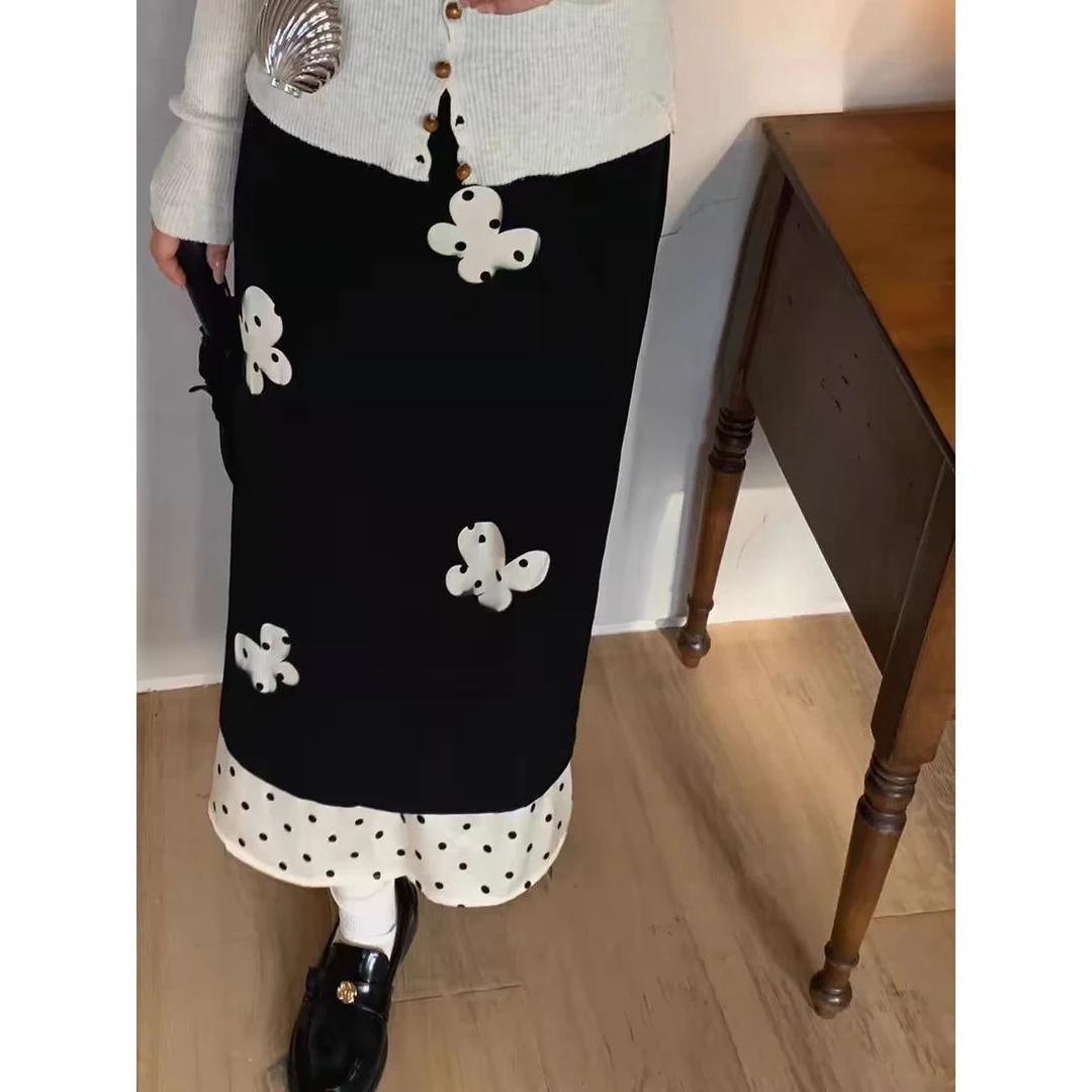 黑色波点拼接半身裙女装2025春季新款高级设计感垂感显瘦直筒裙子