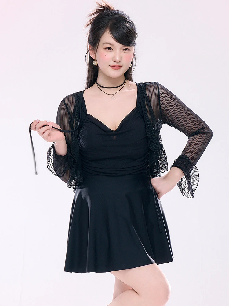 三奇连体裙式大码泳衣女高级感2025新款连体泡温泉遮肚显瘦游泳衣