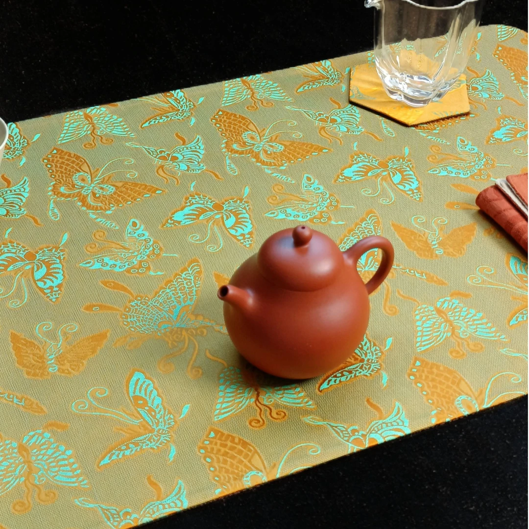 欣蚕居68*35cm【黄蝶】新中式双面锦缎茶席桌旗茶台隔热垫干泡席